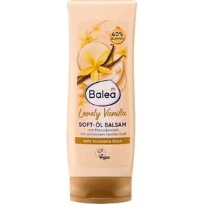 Balea Soft-Öl Balsam Lovely Vanilla in einer beigen 200 ml Tube mit Vanilleblüten-Design für sehr trockene Haut.