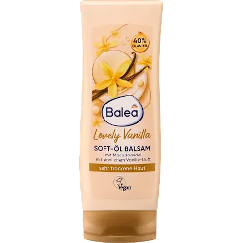 Balea Soft-Öl Balsam Lovely Vanilla in einer beigen 200 ml Tube mit Vanilleblüten-Design für sehr trockene Haut.
