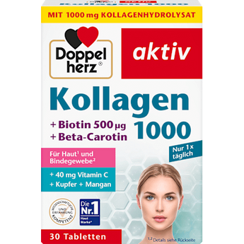 Doppelherz aktiv Kollagen 1000 Tabletten Packung mit 30 Stück, weiß-rote Verpackung mit Porträt einer Frau.