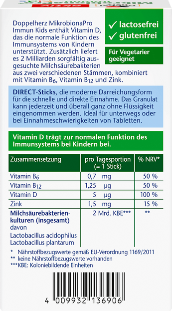 Doppelherz MikrobionaPro Immun Direct Kids, left side of box