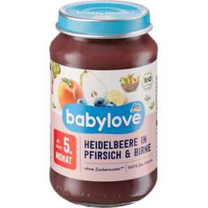 Früchte Heidelbeere & Pfirsich in Birne ab dem 5. Monat, 190 g Puree by BabyLove – Available at VivaVoss
