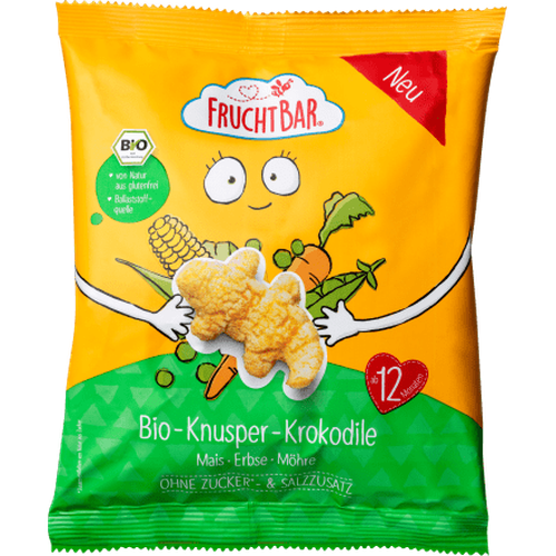Kindersnack Knusper - Krokodile mit Mais, Erbse, Möhre, ab 12 Monaten, 30 g Baby Snack by FruchtBar – Available at VivaVoss