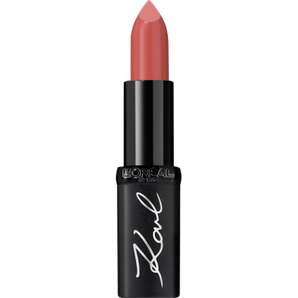 L'Oréal Paris Karl Lagerfeld Lippenstift Kultured in Rosé mit schwarzer Hülse und weißer Signatur.