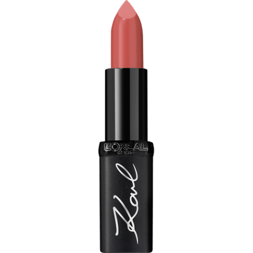 L'Oréal Paris Karl Lagerfeld Lippenstift Kultured in Rosé mit schwarzer Hülse und weißer Signatur.