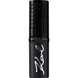 Schwarzer L'Oréal Paris Lippenstift aus der Karl Lagerfeld Kollektion mit silbernem Schriftzug und geriffeltem Deckel.