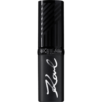 Schwarzer L'Oréal Paris Lippenstift aus der Karl Lagerfeld Kollektion mit silbernem Schriftzug und geriffeltem Deckel.