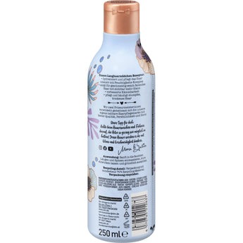 Hellblaue 250 ml LANGHAARMÄDCHEN Conditioner Flasche mit floralem Design, kupferfarbenem Deckel und detaillierten Produktinfos.
