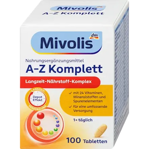 Weiße Mivolis A-Z Komplett Depot Tablettenschachtel mit 100 Stück, 24 Vitaminen und Mineralstoffen sowie Depot-Effekt.