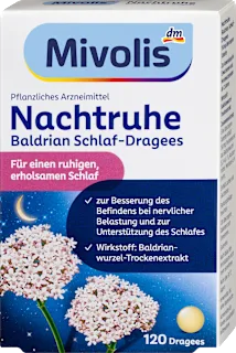 Weiße Schachtel Mivolis Nachtruhe Baldrian Schlaf-Dragees mit 120 Tabletten, Baldrianblüten-Motiv und nächtlichem Himmel.