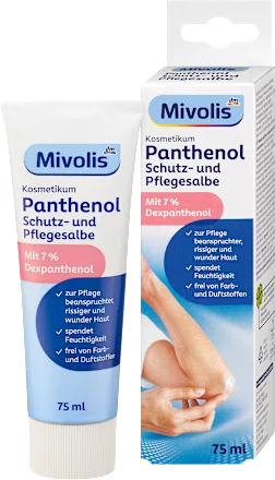 Mivolis Panthenol Schutz- und Pflegesalbe 75 ml Tube und Faltschachtel in Weiß und Blau mit Dexpanthenol-Hinweis.