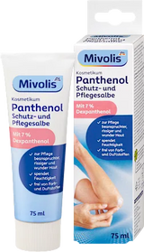 Mivolis Panthenol Schutz- und Pflegesalbe 75 ml Tube und Faltschachtel in Weiß und Blau mit Dexpanthenol-Hinweis.