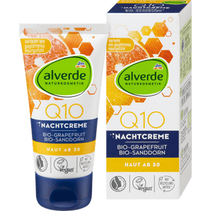 Alverde Q10 night cream made from natural coenzyme Q10, organic grapefruit extract, organic sea buckthorn oil and organic acerola extract