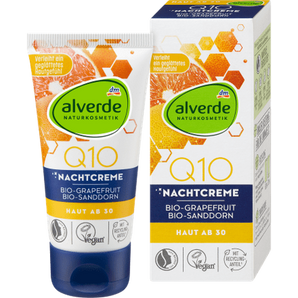Alverde Q10 night cream made from natural coenzyme Q10, organic grapefruit extract, organic sea buckthorn oil and organic acerola extract