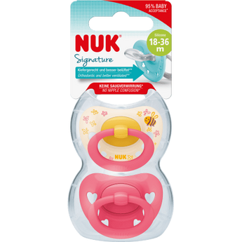 NUK Schnuller Signature Silikon, gelb/pink, ab 18 Monate, 2 St - VivaVoss