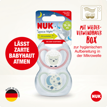 NUK Schnuller Space Night Silikon, lila/mint, ab 18 Monate, 2 St - VivaVoss