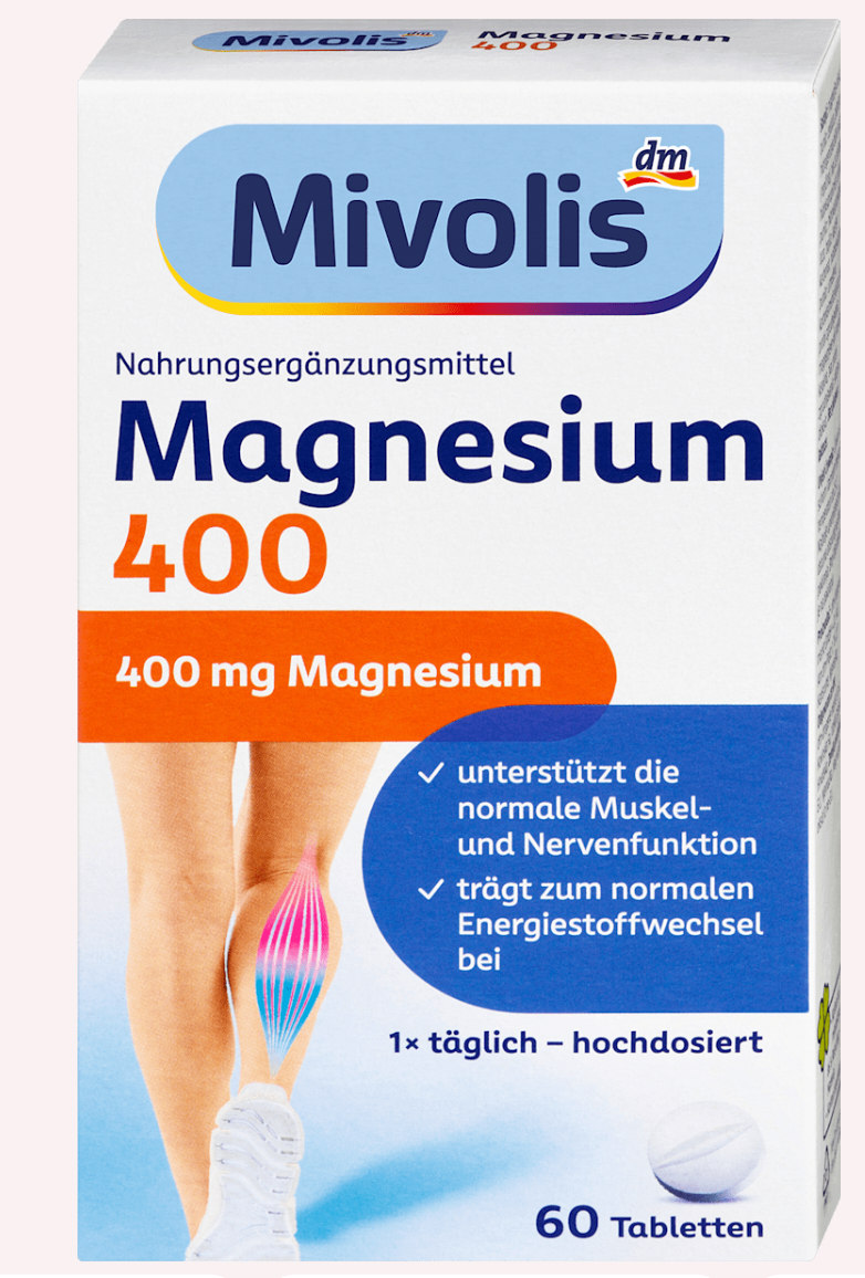 Weiße Mivolis Magnesium 400 Packung mit 60 Tabletten, blauer Schrift und Illustration einer Wade mit Muskelgrafik.