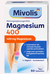 Weiße Mivolis Magnesium 400 Packung mit 60 Tabletten, blauer Schrift und Illustration einer Wade mit Muskelgrafik.
