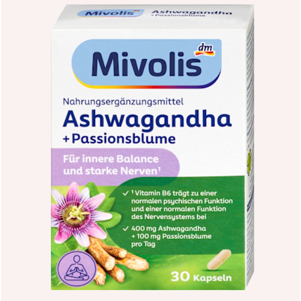 Mivolis Innere Balance Kapseln mit Ashwagandha und Passionsblume in weißer Verpackung mit lila und grünen Akzenten.