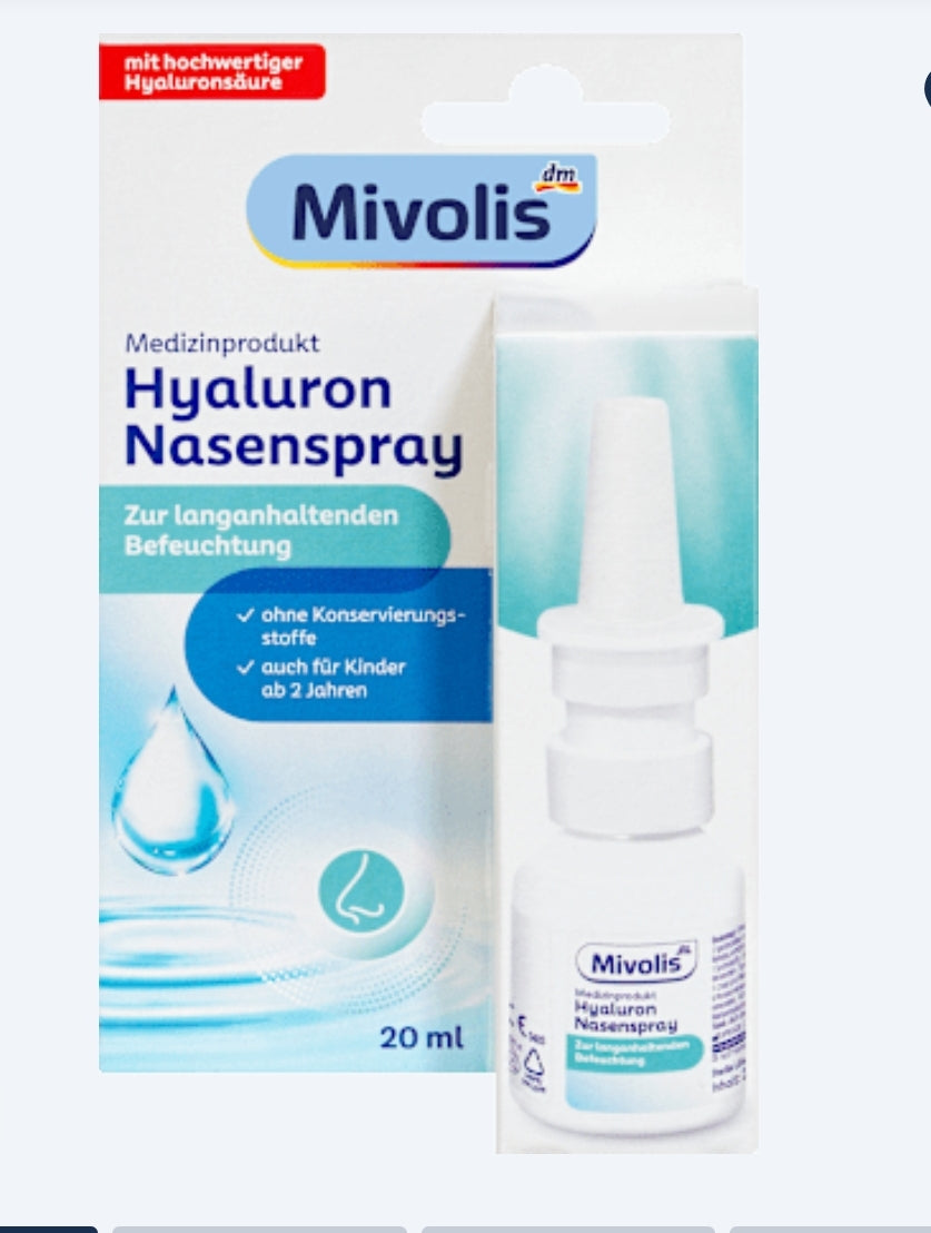 Mivolis Hyaluron Nasenspray 20 ml in weißer Flasche mit blau-weißer Verpackung zur Befeuchtung der Nasenschleimhaut.