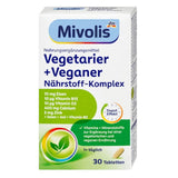 Mivolis Vegetarier und Veganer Nährstoff-Komplex Tabletten in weißer 30er-Packung mit grünen Akzenten und Depot-Effekt.