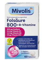 Weiße Mivolis Folsäure 800 + B-Vitamine Packung mit 60 Tabletten, veganes Nahrungsergänzungsmittel in blau-pinkem Design.