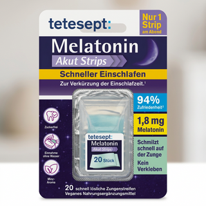 tetesept Melatonin Akut Strips 1,8 mg – Vorderseite der Packung mit 20 Zungenstreifen
