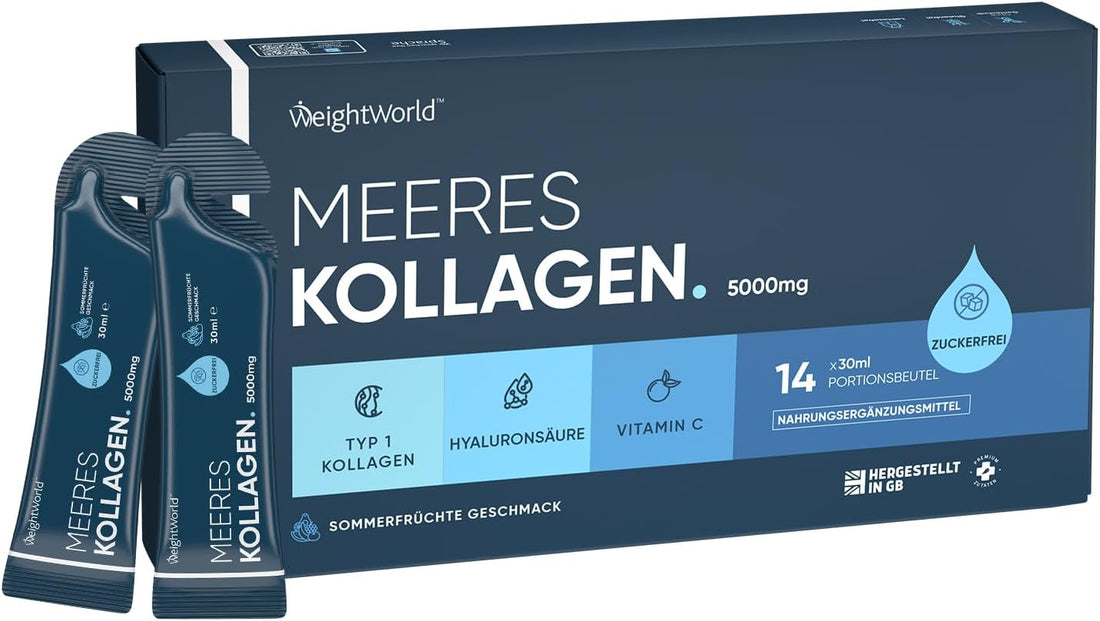 Collagen 5000mg sachets with marine collagen, Vitamin C, and hyaluronic acid – sugar-free and gluten-free supplement for skin and joint health