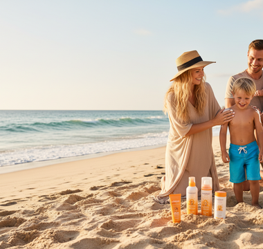 SUNDANCE Sonnenschutz Familie am Strand – Sonnenpflege Made in Germany bei VivaVoss