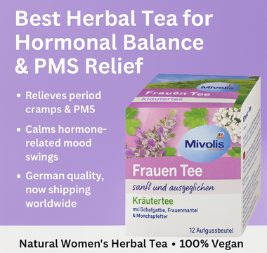 Mivolis Women's Herbal Tea Box – Natural PMS Relief Tea with Lady's Mantle, Yarrow & Chaste Tree – Vegan, German Quality – 12 Bags for Hormonal Balance