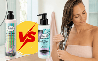 Balea Professional Plex Care und Aqua Hyaluron Haarmasken im Vergleich neben einer Frau, die eine Haarmaske auf ihre nassen Haarlängen aufträgt