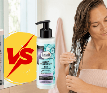 Balea Professional Plex Care und Aqua Hyaluron Haarmasken im Vergleich neben einer Frau, die eine Haarmaske auf ihre nassen Haarlängen aufträgt