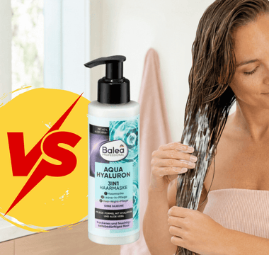 Balea Professional Plex Care und Aqua Hyaluron Haarmasken im Vergleich neben einer Frau, die eine Haarmaske auf ihre nassen Haarlängen aufträgt