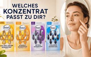 Vier Balea Konzentrate Q10, Vitamin C, Retinol und Hyaluron neben einer Frau bei der Anwendung einer Pflegekapsel