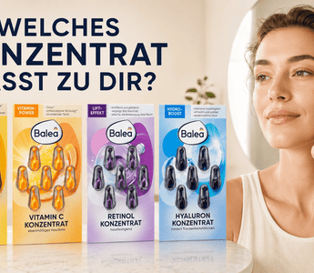 Vier Balea Konzentrate Q10, Vitamin C, Retinol und Hyaluron neben einer Frau bei der Anwendung einer Pflegekapsel