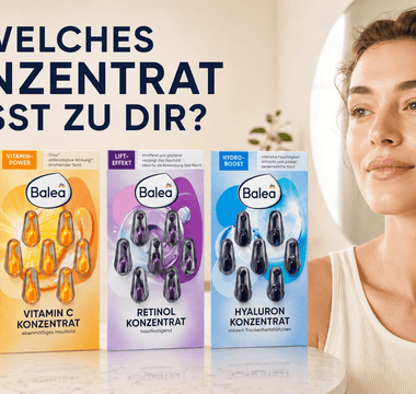 Vier Balea Konzentrate Q10, Vitamin C, Retinol und Hyaluron neben einer Frau bei der Anwendung einer Pflegekapsel