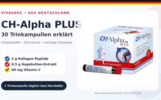 CH-Alpha Plus Packung und Trinkampulle mit Angaben zu Kollagen-Peptiden, Hagebutten-Extrakt und Vitamin C