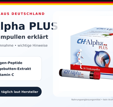 CH-Alpha Plus Packung und Trinkampulle mit Angaben zu Kollagen-Peptiden, Hagebutten-Extrakt und Vitamin C