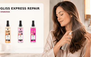 Drei GLISS Express-Repair Sprüh-Conditioner neben einer Frau beim Aufsprühen einer Leave-in-Pflege auf ihre Haarlängen