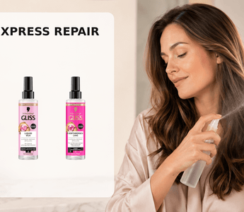 Drei GLISS Express-Repair Sprüh-Conditioner neben einer Frau beim Aufsprühen einer Leave-in-Pflege auf ihre Haarlängen