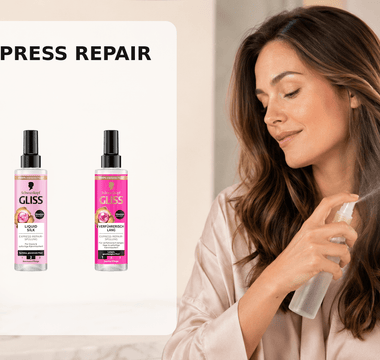Drei GLISS Express-Repair Sprüh-Conditioner neben einer Frau beim Aufsprühen einer Leave-in-Pflege auf ihre Haarlängen