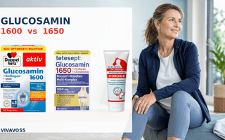 Doppelherz Glucosamin 1600, tetesept Glucosamin 1650 und Dr. Jacoby Pferdesalbe neben einer aktiven Frau