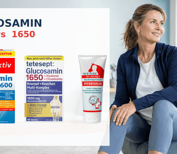 Doppelherz Glucosamin 1600, tetesept Glucosamin 1650 und Dr. Jacoby Pferdesalbe neben einer aktiven Frau