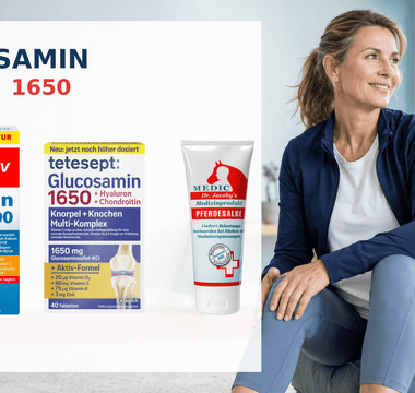 Doppelherz Glucosamin 1600, tetesept Glucosamin 1650 und Dr. Jacoby Pferdesalbe neben einer aktiven Frau