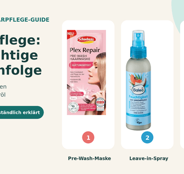 Schaebens Pre-Wash-Haarmaske, Balea Leave-in-Spray und Jean&Len Haaröl in der richtigen Pflegereihenfolge
