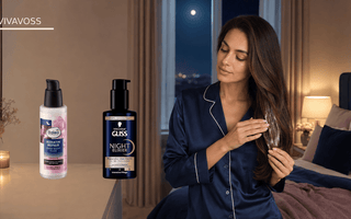 Balea Keratin Repair Overnight Fluid und Schwarzkopf GLISS Ultimate Repair Night Elixir neben einer Frau bei der abendlichen Haarpflege