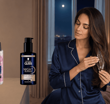 Balea Keratin Repair Overnight Fluid und Schwarzkopf GLISS Ultimate Repair Night Elixir neben einer Frau bei der abendlichen Haarpflege