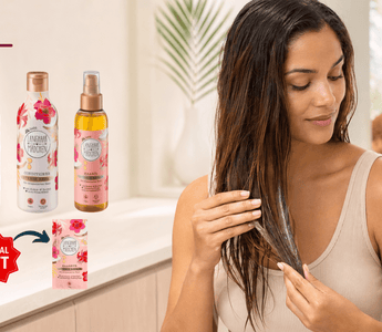 Langhaarmädchen Intense Repair Set mit Shampoo, Conditioner, Haaröl und Haarkur neben einer Frau bei der Haarpflege