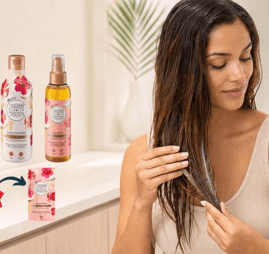 Langhaarmädchen Intense Repair Set mit Shampoo, Conditioner, Haaröl und Haarkur neben einer Frau bei der Haarpflege