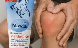 Mivolis Pferdesalbe 200 ml muscle gel shown next to a person holding a painful red knee, highlighting relief for muscle and joint pain.