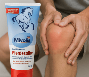 Mivolis Pferdesalbe 200 ml muscle gel shown next to a person holding a painful red knee, highlighting relief for muscle and joint pain.